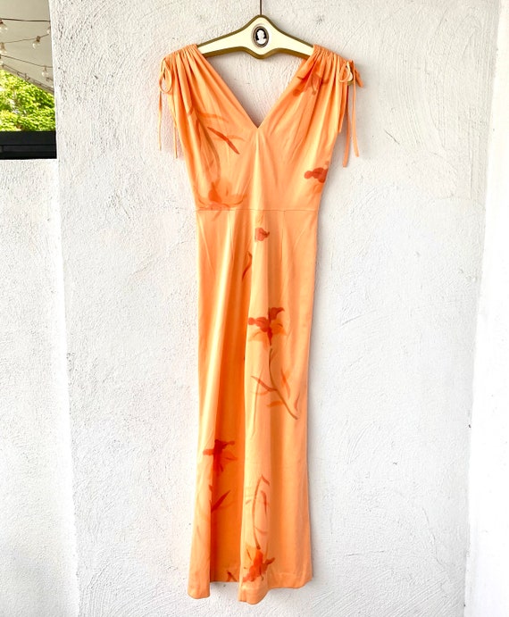 Vintage 70s Disco Wide Leg Jumpsuit Floral Peach … - image 2