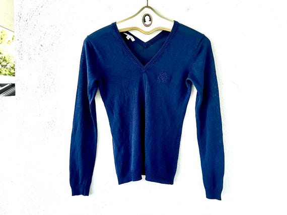 Gianfranco Ferré, Vintage Gianfranco Ferre Embroidered Logo V Neck Sweater Lightweight Knit Top Blue Shirt