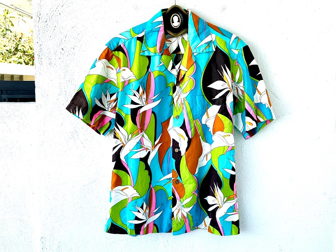 Vintage 60s Hawaiian Aloha Shirt: Barkcloth Floral Print, Hookano 