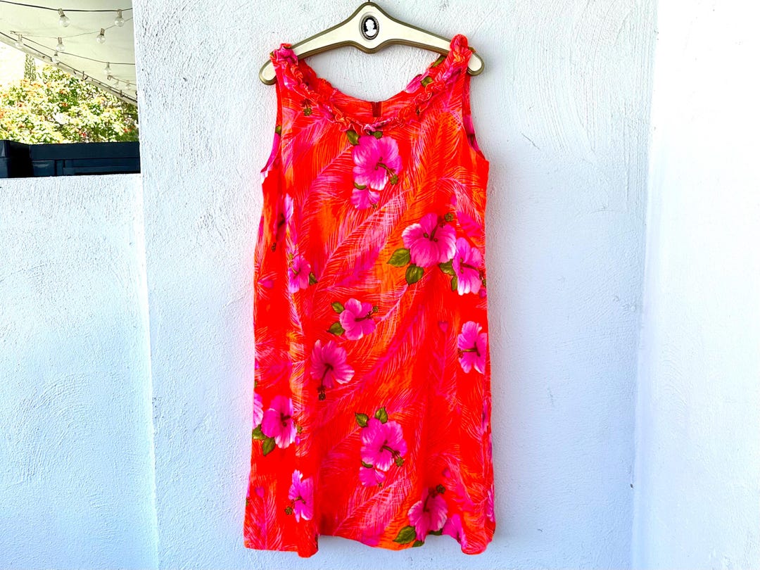 Vintage 60s 70s Neon Bright Hawaiian Dress Hawaii Pink Hearts Floral ...