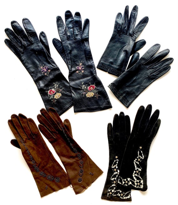 Vintage 40s 50s Leather Beaded Embroidered Gloves… - image 3