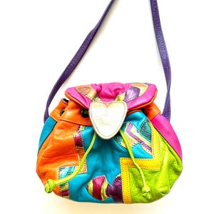 Vintage 80s Patchwork Leather Purse Drawstring Shoulder Bag