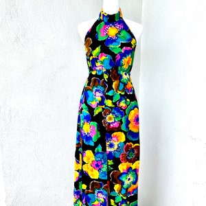 Vintage 60er 70er hawaiianisches Rainbow Day Glo Blumen Kleid Hawaii Neckholder Kleid