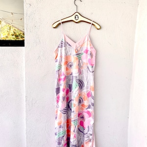 Vintage 60s 70s Psychedelic Slip Dress Floral Graphic Pink Funky Dress