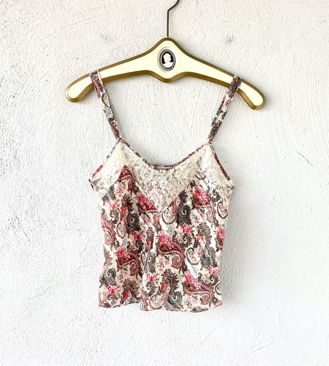 Vintage Victoria’s Secret Gold Label Lace Camisole Paisley Floral Metallic  White Tank Top