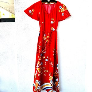 Vintage 70s Hawaiian Flutter Sleeve Dress 1970s Red Floral Hawaii Muumuu