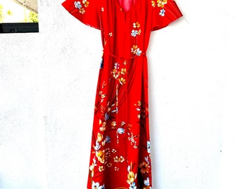 Vintage 70s Hawaiian Flutter Sleeve Dress 1970s Red Floral Hawaii Muumuu