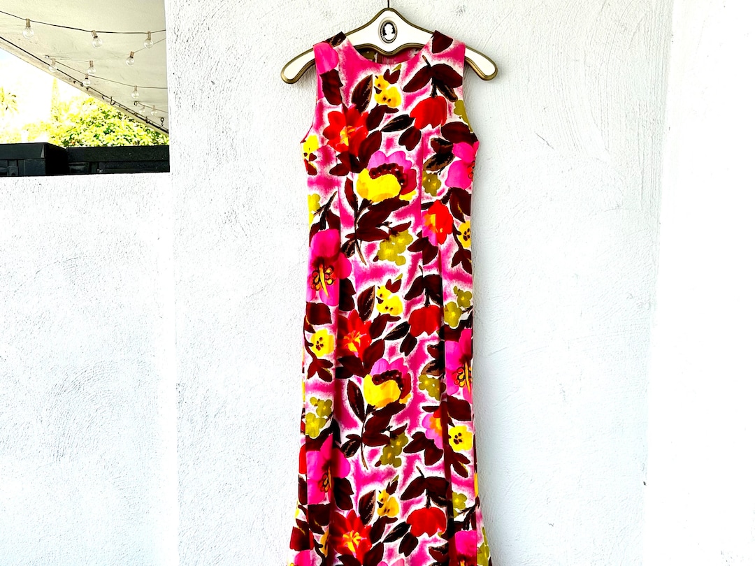 Vintage 60s Hawaiian Bright Floral Dress 1960s Hawaii Muumuu Green Pink ...