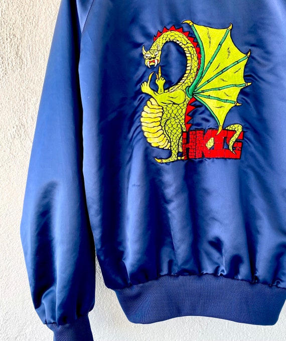 Vintage Embroidered Dragon Satin Bomber Blue 70s … - image 2