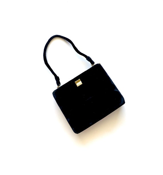 Vintage 50s 60s Black Velvet Structured Bag Box T… - image 2