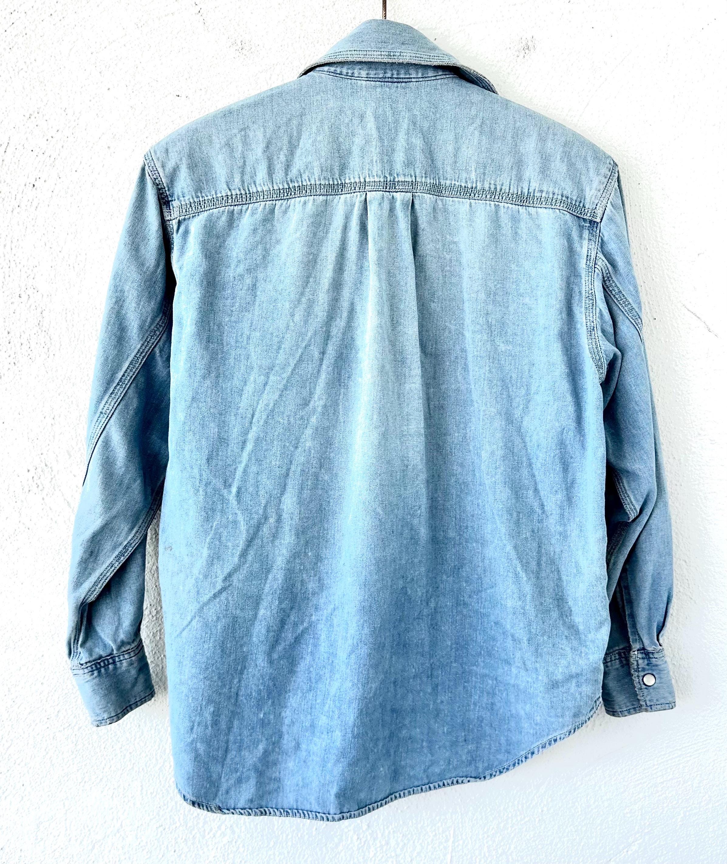 Haut Western Vintage Perlé Femme – Denim Bleu Floral – Grand L – Cowgirl Rodeo