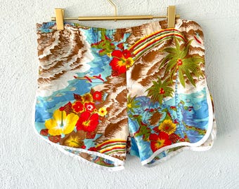 Vintage 70-tals hawaiianska regnbågsblommiga shorts 1970-tals tropiska badbyxor med surfmönster