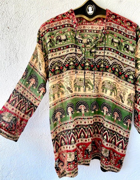 Vintage 70s Indian Boho Hippie Gauze Shirt India Elephant