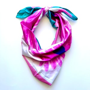 Vintage 60s 70s Mod Floral Silk Scarf Daisy Pink Hand Printed