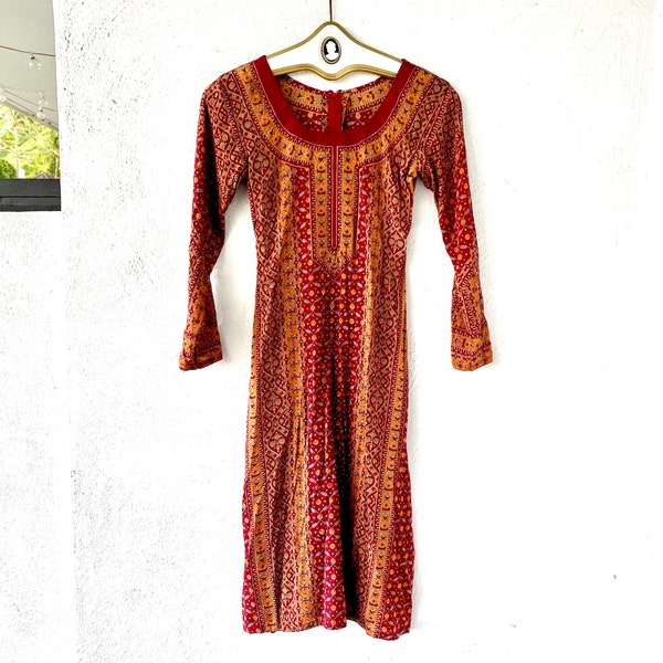 Vintage 70s Indian Imports Boho India Block Print Phool Dress