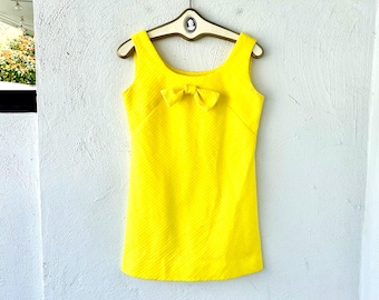 Vintage 70s Yellow Mini Dress: GoGo Style Bow Tunic