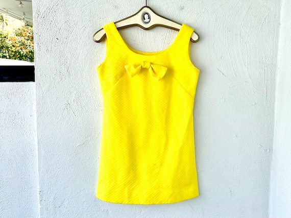 Vintage 70s Yellow Mini Dress: GoGo Style Bow Tunic