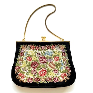 Vintage 1950s Petite Point Bag Embroidered Floral Clutch Rose 50s Needlepoint Handbag