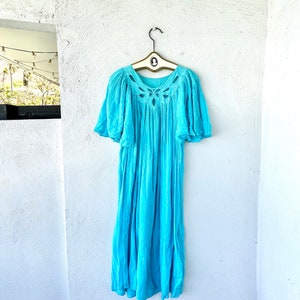 Vintage 70s Boho Cotton Gauze Dress // Hippie Blue Lace Swing Dress