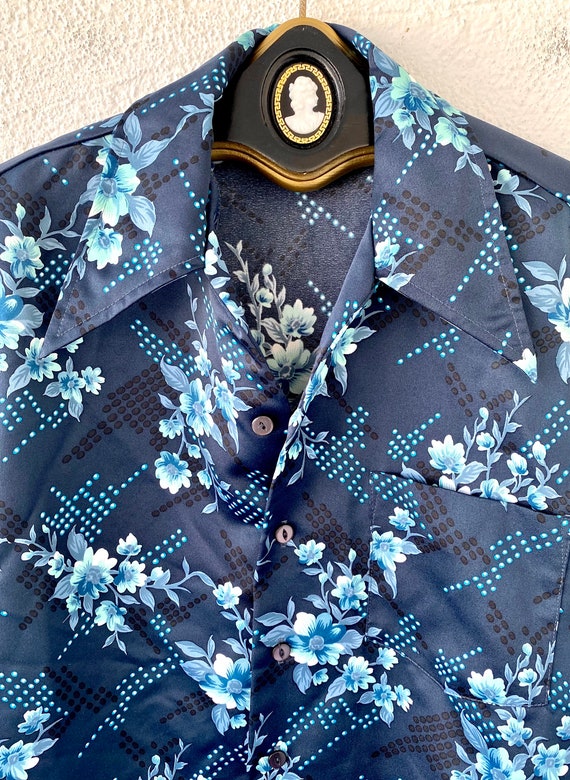 Vintage 70s Dagger Collar Disco Shirt Blue Butter… - image 4