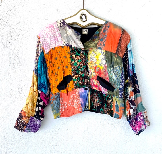 Vintage 90s Patchwork Cropped Jacket 1990s Boho C… - image 5