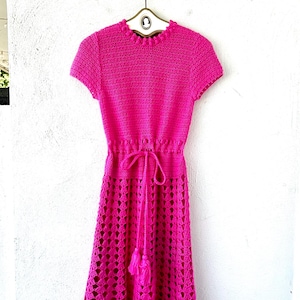 Vintage 60s 70s Boho Crochet Dress 1960s 1970s Pink Knit Midi Dress