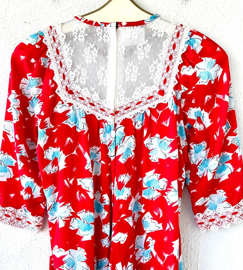 Vintage 70s 80s Hawaii Muumuu Red Lace Babydoll Dress Hawaiian Floral ...