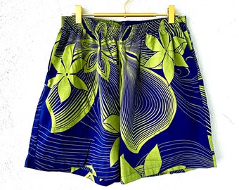Vintage 90er Hawaii-Shorts, blaue Hawaii-Shorts mit psychedelischem Blumenmuster und hoher Taille