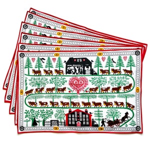 Vintage 1950s Folk Linen Placemats Dessin Depose MCM Red Country Table Linens