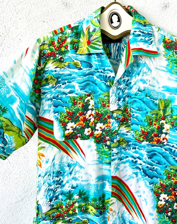 Vintage 80s does 50s Hawaiian Aloha Shirt Rainbow… - image 3