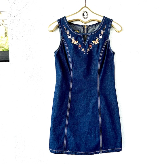 Vintage Embroidered Butterfly 90s Denim Dress Jea… - image 1