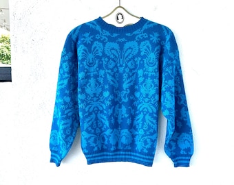 Vintage Malia Hawaiiaanse trui uit de jaren 70 en 80, blauwe gebreide top uit de jaren 70 uit de jaren 70