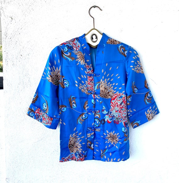 Vintage 70s Hawaiian Asian Inspired Shirt Blue Flo