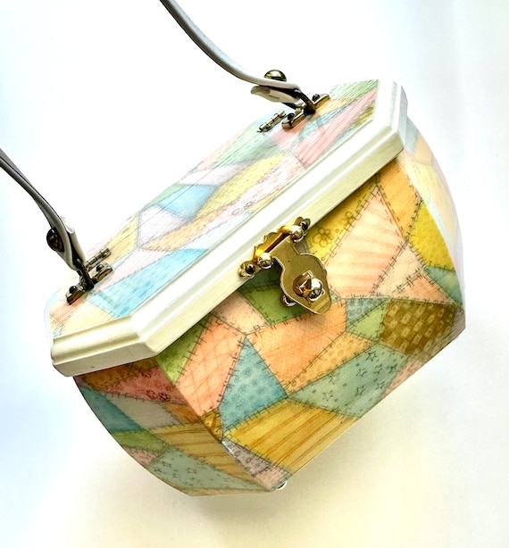 Vintage 70s Patchwork Wood Box Bag: Cottagecore Top Handle Purse