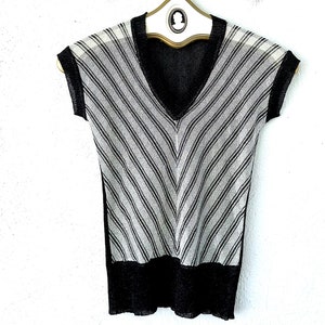 Vintage 60s 70s Disco Glam Metallic Silver Shirt Black Mod Striped Ribbed Sweater Vest Top