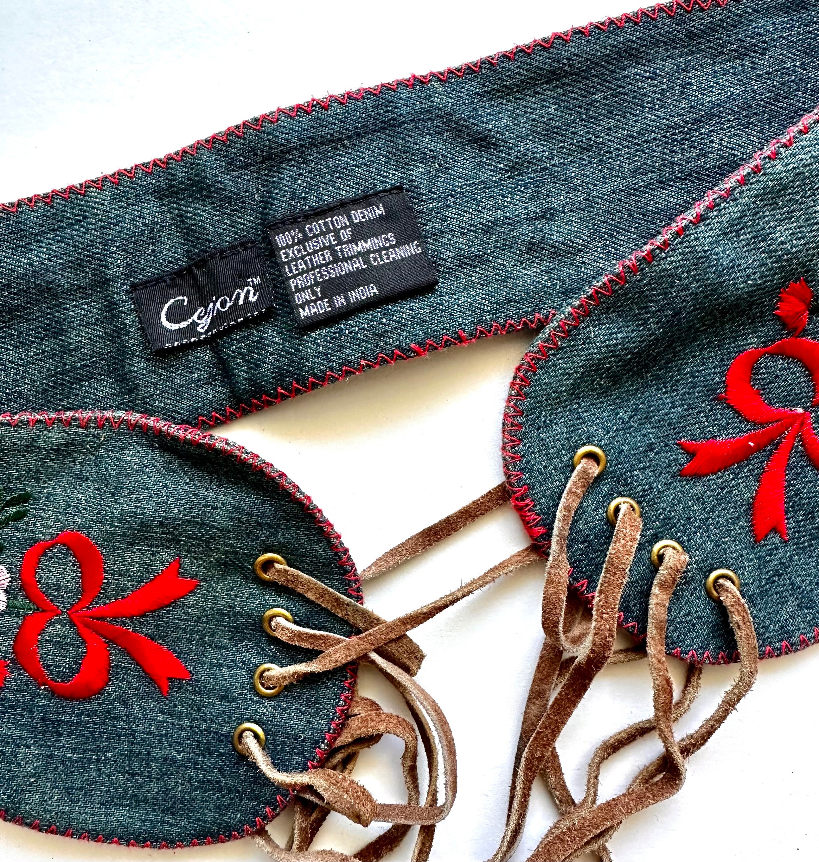 Vintage 90s Y2k Boho Embroidered Denim Corset Belt Lace up 