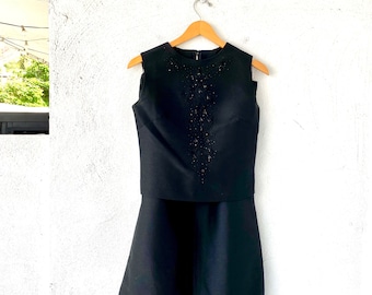 Vintage 50s 60s Taffeta Beaded Black Dress Set 1950s 1960s Tank Top Midi Skirt Set