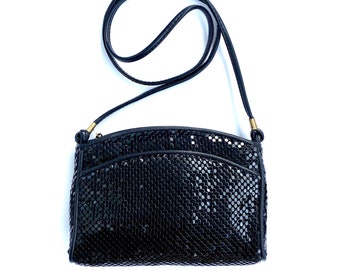 Vintage Whiting and Davis Metallic Mesh Black Bag 80s Shoulder Bag Black Shiny Purse