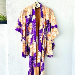 Antique 1920s 1940s Japanese Kimono Purple Floral Duster Boho Asian Robe