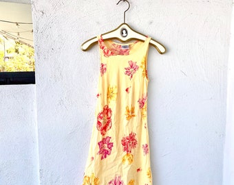 Vintage Laura Ashley 90s Bias Cut Slip Floral Poppy Yellow Tank Dress
