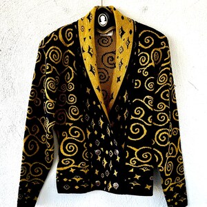 Vintage 80s 90s Metallic Knit Cardigan Black Gold 1980s 1990s Sweater Shirt Jacket Top