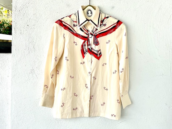 Vintage 90s Silk Baroque Scarf Shirt 1990s Nautical Red White Blue Top