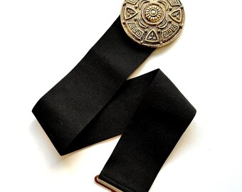 Vintage Gold Medallion Belt 1980s Large Buckle Wide Black  display picture 1