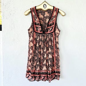 Vintage 70s Indian Adini Style Block Print Boho Hippie Pink Floral Dress 1970s
