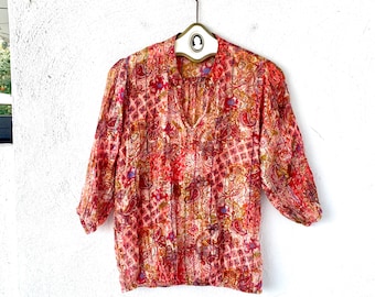 Vintage jaren 70 Indiase metallic lurex gaas shirt Boho hippietop