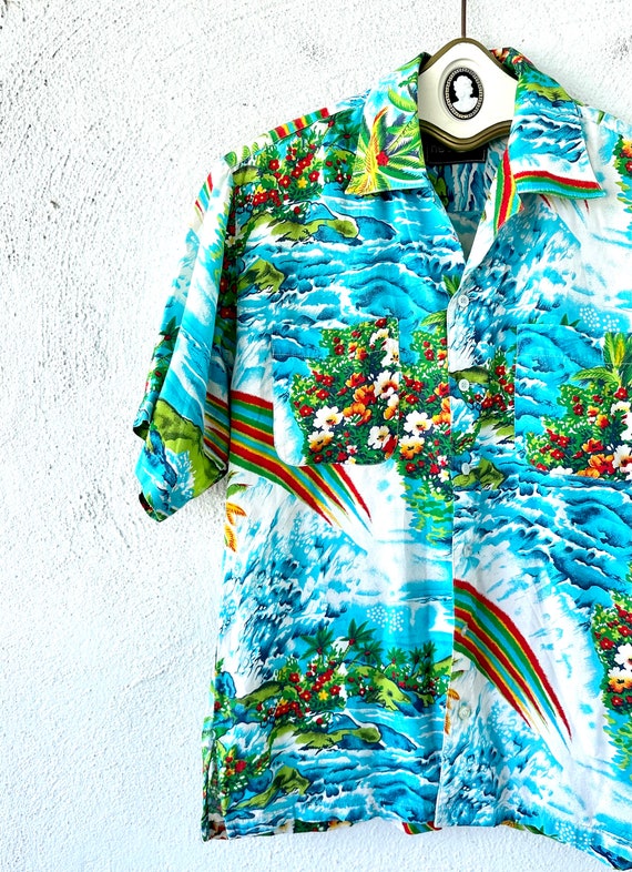 Vintage 80s does 50s Hawaiian Aloha Shirt Rainbow… - image 5