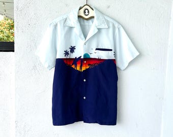 Vintage 70s Hawaiian Surfer Aloha Shirt 1970s Sunset Rainbow Hawaii Collared Top