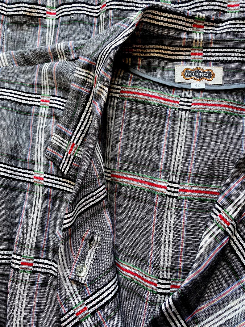 Vintage Japanese Linen Plaid Double Breasted Dress Menswear Shirtdress image 8