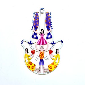 Vintage Tzuki Hamsa Decor Painting Bright Coloful People Wall Hanging