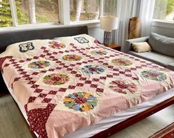 Vintage Dresdner Platte Quilt Floral Patchwork Decke Top Rosa Rot Landhaus